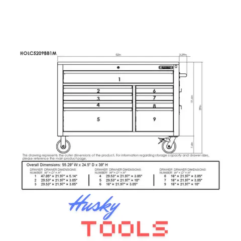 D Heavy Duty 9-Drawer Mobile Workbench Cabinet diemension