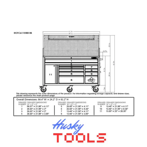 Husky D-Heavy Duty 10-Drawer 1-Door Mobile Workbench diemension