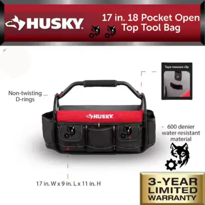 Husky 17 in. 18 Pocket Open Top Tool Tote Bag warranty & dimension